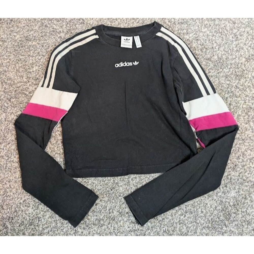 Adidas Women's 3 Striped Cropped Long Sleeve Tee In Black Size Small